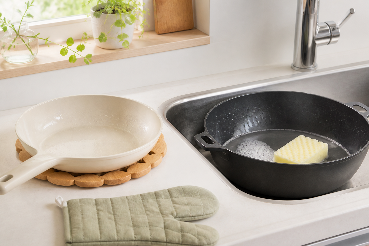 鍋敷きと鍋つかみを使う陶器製調理器具と柔らかいスポンジで洗う深型フライパンの手入れイメージ