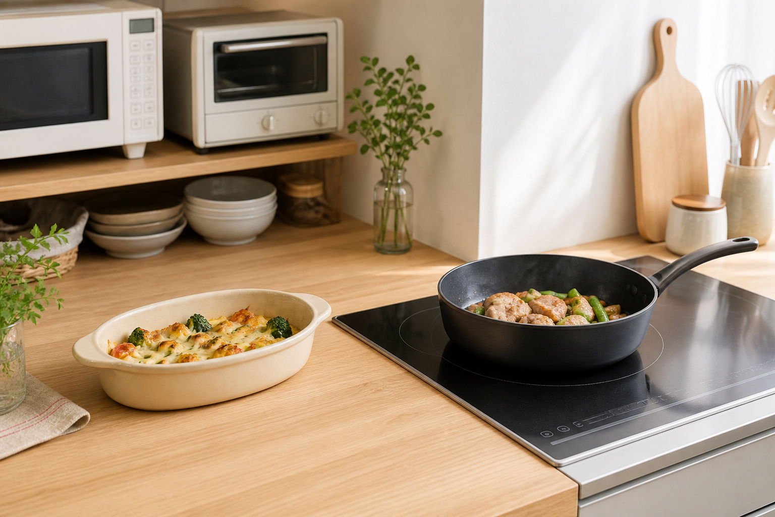 電子レンジとオーブンの近くに置いた小型陶器とIH上の深型フライパンを比べるイメージ